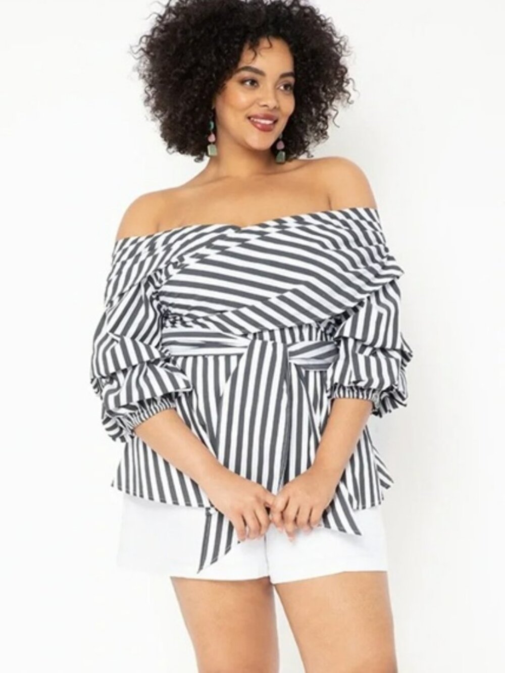 ELOQUII Gray & Whit Off-The-Shoulder Striped Wrap Peplum Top Sz 20